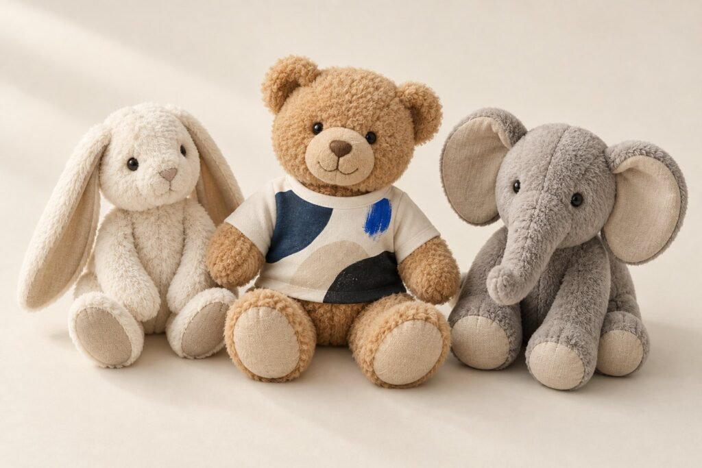 Un ours en peluche portant un petit t-shirt imprimé, un lapin et un éléphant en peluche, sur un fond clair