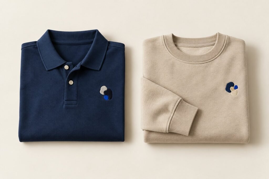 Un polo bleu marine et un sweat sable, pliés, avec un petit marquage à la poitrine, sur un fond clair
