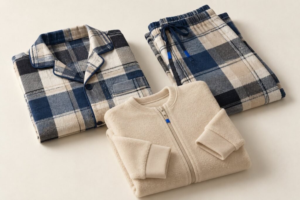 Un pyjama à carreaux plié, un pantalon de pyjama à carreaux et une combinaison douce, sur un fond clair