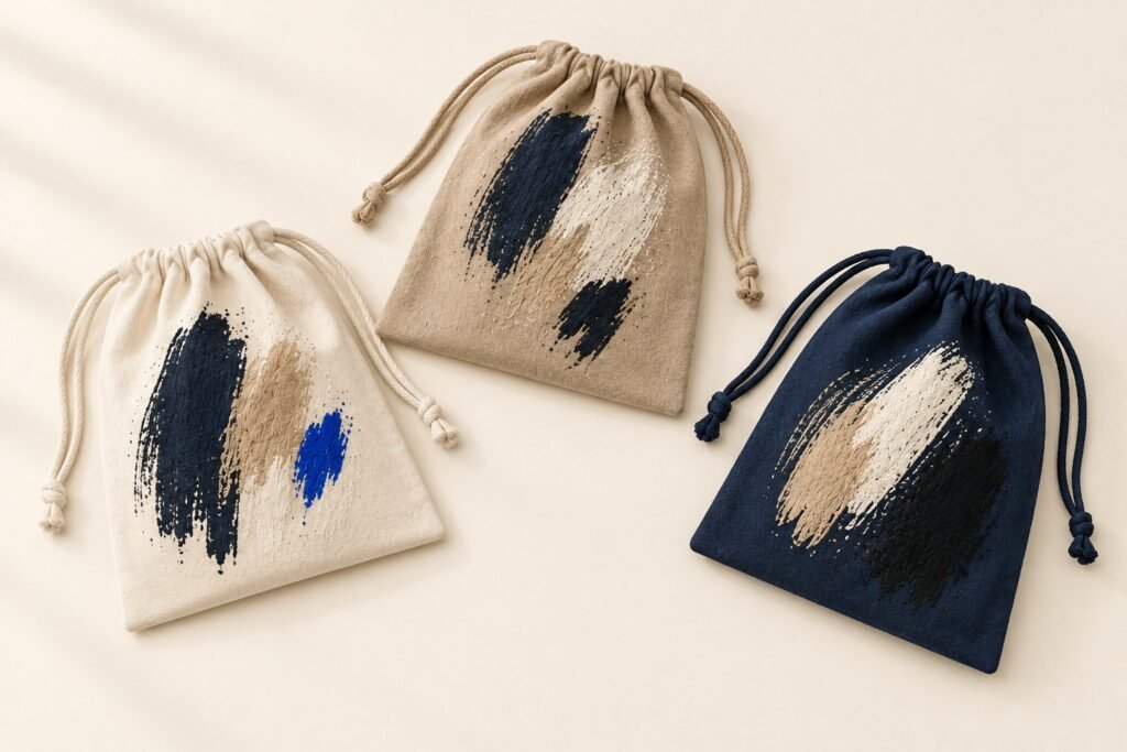 Trois sacs à cordon posés à plat, blanc cassé, sable et bleu marine, peints de formes abstraites, sur un fond clair
