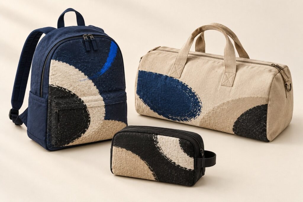 Un sac à dos bleu marine, un sac de voyage sable et une trousse noire, peints de formes abstraites, sur un fond clair