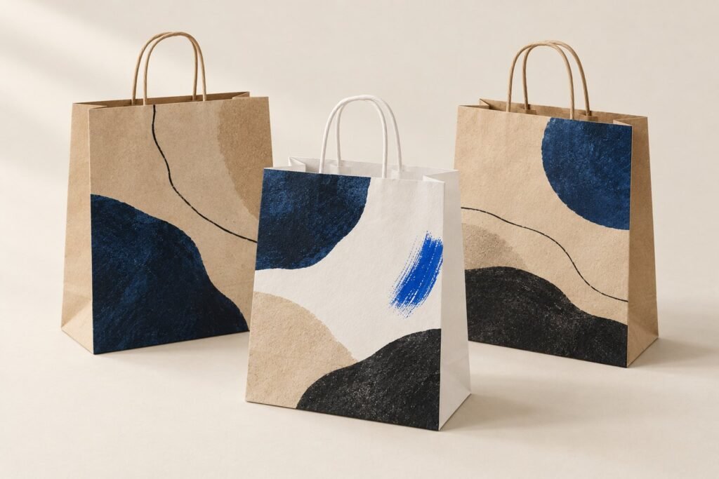 Deux sacs en papier kraft et un sac blanc à anses torsadées, peints de formes abstraites, sur un fond clair