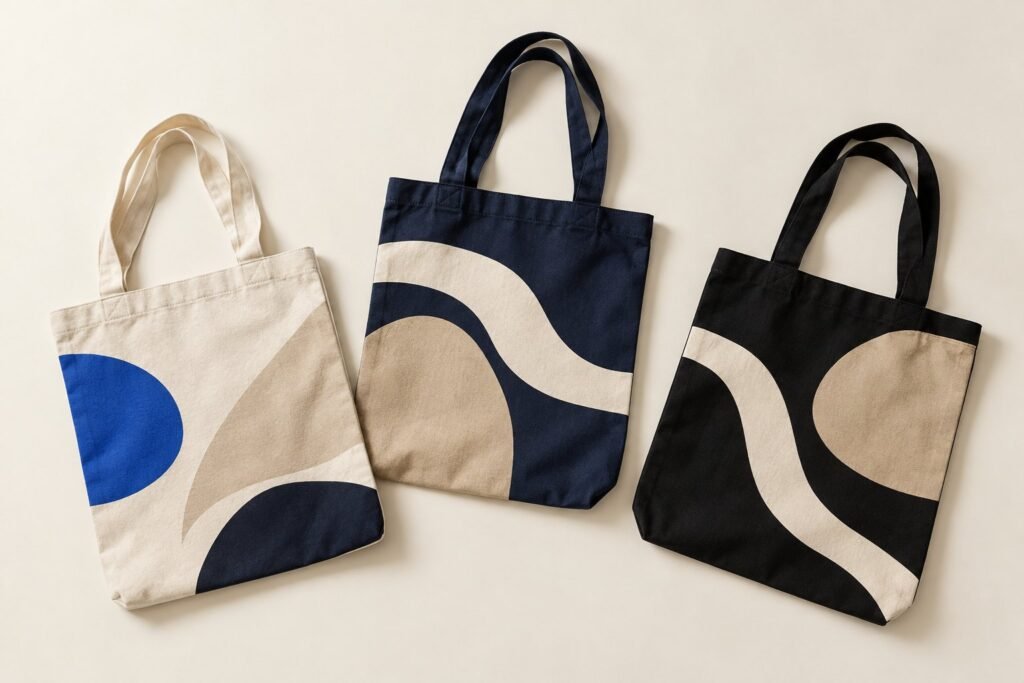 Trois sacs en tissu, naturel, bleu marine et noir, imprimés de formes abstraites, sur un fond clair