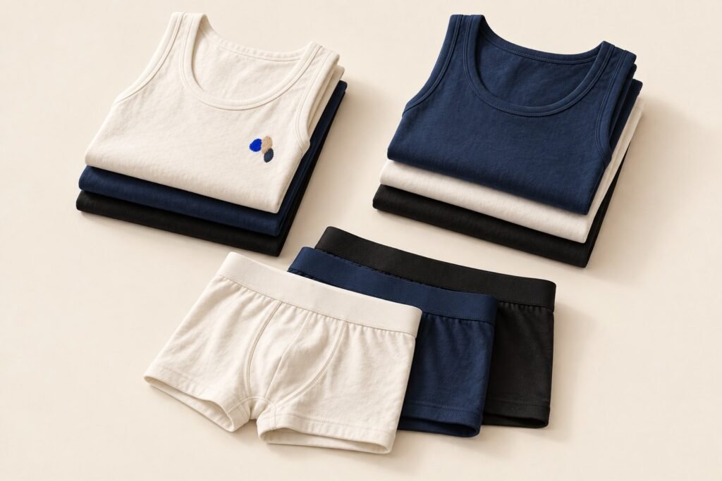 Des maillots de corps et des boxers pliés en piles, blanc cassé, bleu marine et noir, sur un fond clair