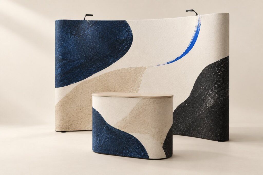 Un mur d'exposition courbe et un comptoir d'accueil, habillés de formes abstraites, sur un fond clair
