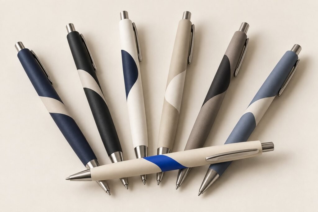 Sept stylos à bille de couleurs différentes, disposés en éventail, sur un fond clair