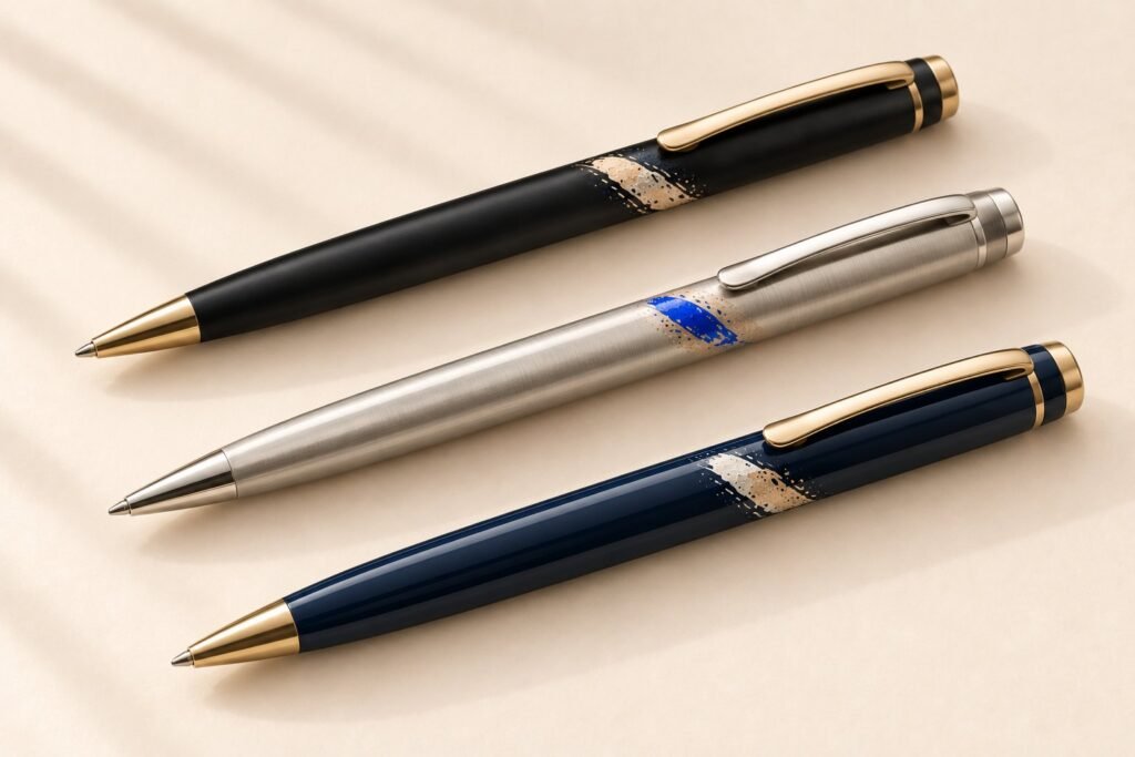 Trois stylos en métal alignés, noir, argent brossé et bleu marine laqué, avec un petit marquage abstrait, sur un fond clair