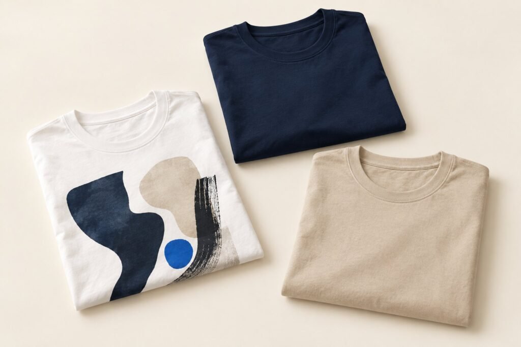 Trois T-shirts pliés, blanc imprimé, bleu marine et sable, sur un fond clair