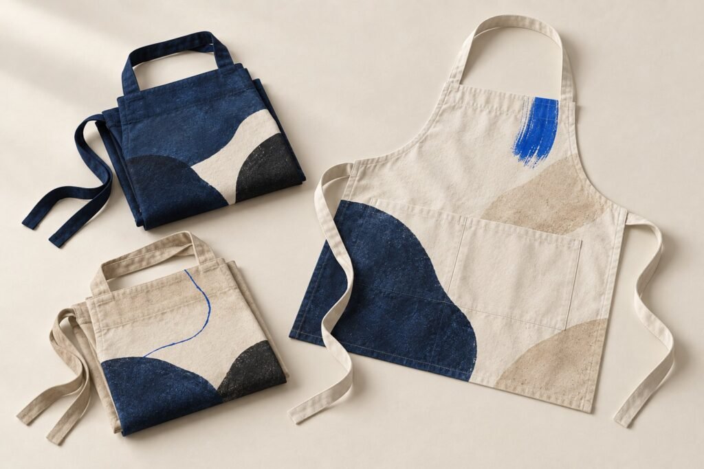 Deux tabliers pliés, bleu marine et sable, et un tablier à bavette déplié, peints de formes abstraites, sur un fond clair