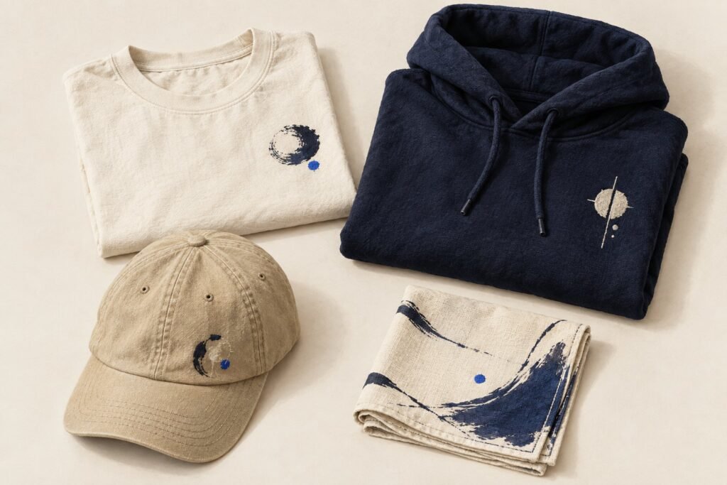 Un t-shirt écru plié, un sweat à capuche bleu marine, une casquette sable et un bandana, chacun avec un petit motif, sur un fond clair