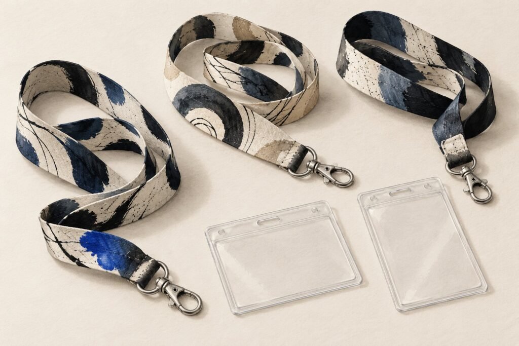 Trois tours de cou imprimés de motifs abstraits avec leur mousqueton, et deux porte-badges transparents, sur un fond clair