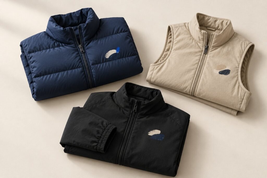 Une doudoune bleu marine, un gilet sans manches sable et une veste noire, pliés, avec un petit marquage abstrait à la poitrine, sur un fond clair