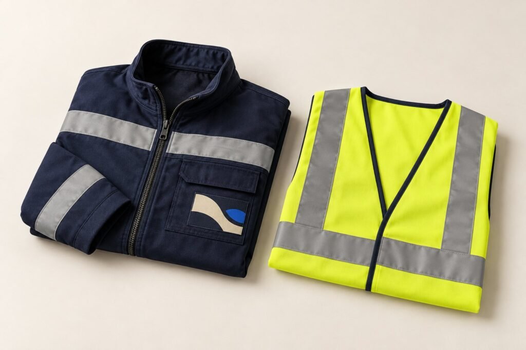 Une veste de travail bleu marine à bandes réfléchissantes et un gilet de signalisation jaune, pliés, sur un fond clair
